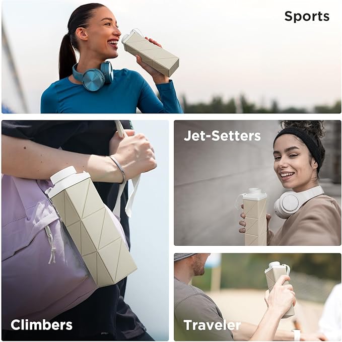 POMKAKA Collapsible Water Bottles 24.3oz(720ml), 2nd Generation Leakproof BPA-Free Travel Water Bottle,Lightweight Reusable Water bottle for Cycling Gym Camping Sports,Champagne White