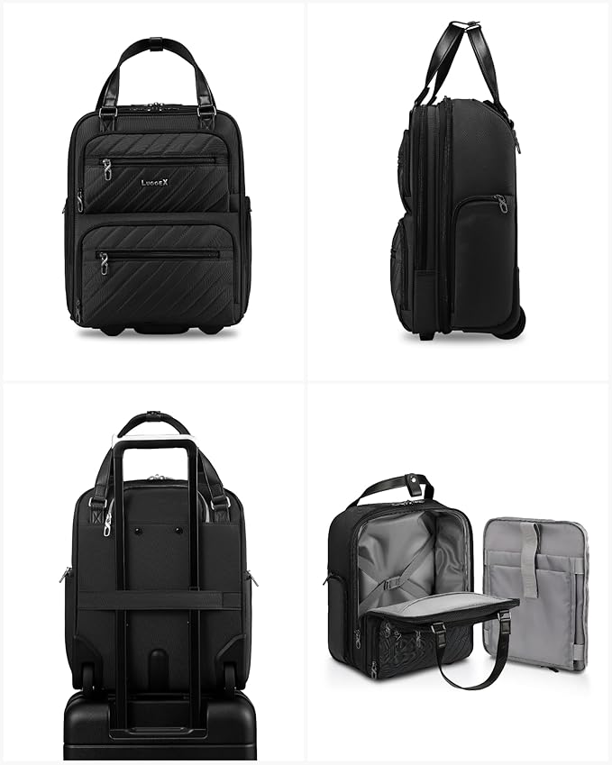 LUGGEX Underseat Carry On Luggage with Wheels, Stylish Lightweight Under Seat Luggage, Soft Sided Personal Item Suitcase for Short Trip (All Black, 16 Inch)