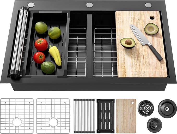 Drop In Kitchen Sink Stainless Steel 32x22 - Drop In Workstation Sink Double Bowl Commercial 16 Gauge Stainless Steel Kitchen Sinks Black