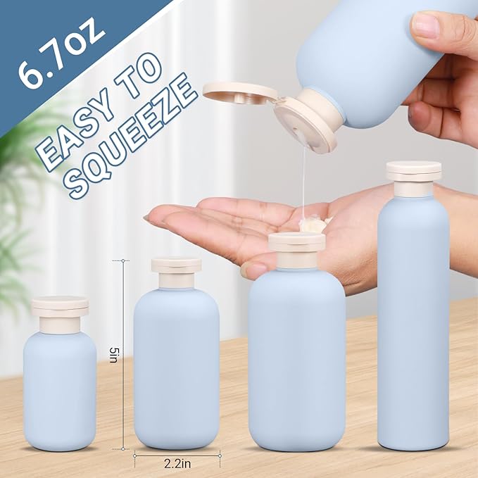 ASEVAT 6.7oz 4pack Refillable Travel Shampoo and Conditioner Bottles, Travel Size containers, Travel Bottle for toiletries, Squeeze Bottles with Flip Cap, Empty Plastic Leak Proof Travel Bottles