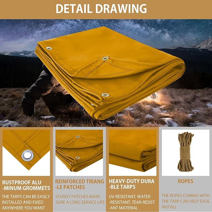 FoundGo 10x20ft Canvas Tarp 22 Mil Tarps 14 oz Canvas Tarpaulin Heavy Duty Cloth Water/UV Resistant Cover with Rustproof Grommets & Ropes for Cars,Roofs,Boats,Camps,Sunshades，Moisture Barrier -Tan