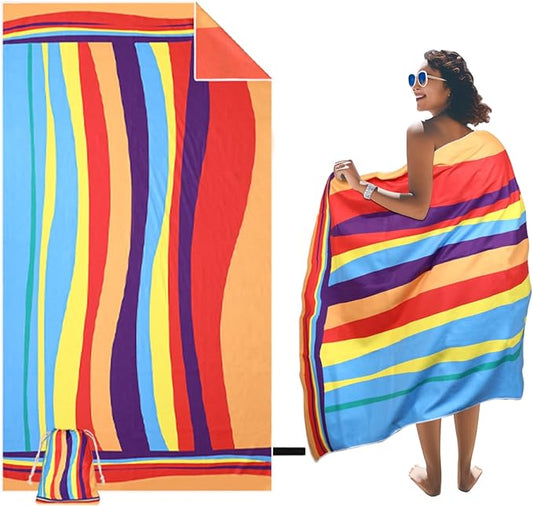Large Beach Towel, 71" x 39" Oversized Lightweight Compact Quick Dry Sand Free Towel for Travel Swim Pool Yoga Gym Camping (Multicolored Wave)