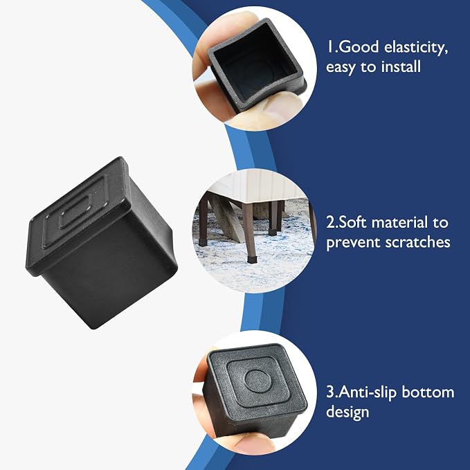 16 Pcs 1-3/4" x 1-3/4" Square Rubber Chair Leg Caps, PVC Table Leg Covers - Image 4