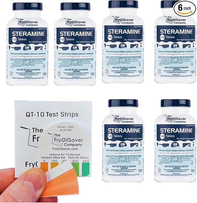 Pack of 6 Steramine Sanitizing Tablets w/ 30x QT-10 Test Strips by FryOilSaver by THEFRYOILSAVERCOMPANY