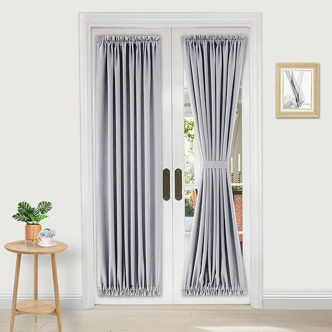 DWCN French Door Curtains – Rod Pocket Thermal Blackout Curtain for Doors with Glass Window, Kitchen and Patio Doors for Privacy, 25 X 80 Inches Long, 1 Curtain Panel with Tieback, Silver Grey