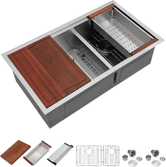 Dcolora 33 Inch Double Bowl Kitchen Sink Undermout Workstation 16 Gauge Stainless Steel Sinks Spacious 60/40 Split Double Basin Under Counter, 33"x19"x10" DC-U7710