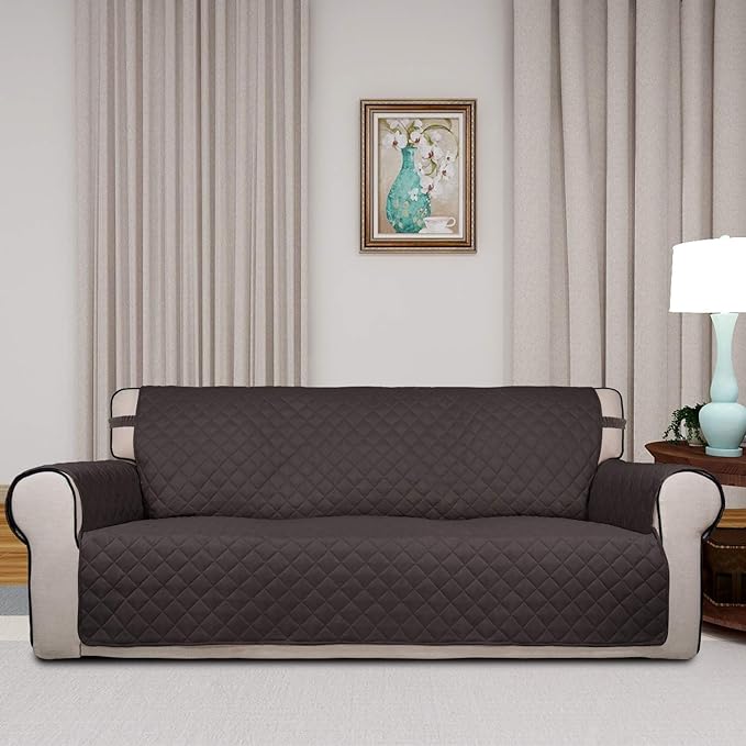 PureFit Reversible Quilted Sofa Cover, Water Resistant Slipcover Furniture Protector, Washable Couch Cover with Non Slip and Elastic Straps for Kids, Pets (Sofa, Chocolate/Chocolate)