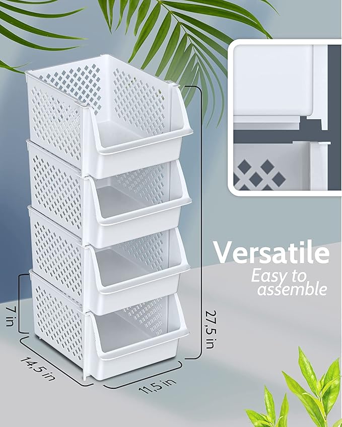 Skywin TidyFriend Plastic Stackable Storage Bins for Pantry, 8 Pack White Stackable Bins For Organizing Food, Kitchen, and Bathroom Essentials (Random)
