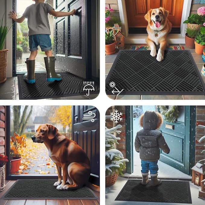 Smiry Front Door Mat Outside Entrance, Heavy Duty Outdoor Indoor Natural Rubber Doormat, Non Slip, Trap Dirt and Moisture, Easy Clean, Low Profile Patio Porch Entryway Mat, 59x23, Black