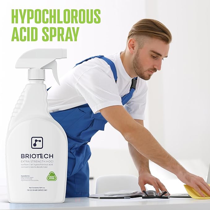 BRIOTECH Extra Strength HOCl Cleaner, 500 PPM Hypochlorous Acid Concentrate, ULV Foggers & Humidifiers, Professional Deodorizer for Dental, Offices, Schools, Homes, Peroxide Free, 32 fl oz (12 Pack)