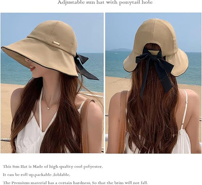 Wide Brim Hats for Woman Foldable Hats Sun Hats for Women uv Protection Bowknot Bucket hat Adjustable hat with Ponytail Hole
