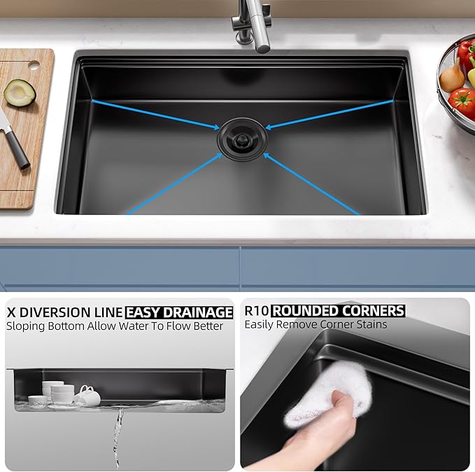 33 Inch Undermount Kitchen Sink Stainless Steel, 33x19 Undermount Workstation Sink Single Bowl Commercial 16 Gauge Stainless Steel Kitchen Black