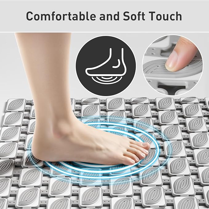 Shower Mat Non Slip Bathtub Mat - 27 x 16 Inch Eco-Friendly Soft Bath Mat for Tub Non Slip Shower Mats for Inside Shower with Suction Cups and Drain Holes, Easy to Clean Quick-Drying, Grey