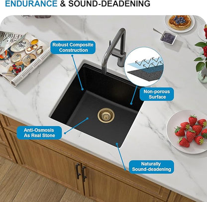 18 Black Granite Composite Bar Sink 18x18 Single Bowl Granite Composite Undermount Small Kitchen Sink Small Wet Bar Sinks with Workstation Quartz Natural Stone