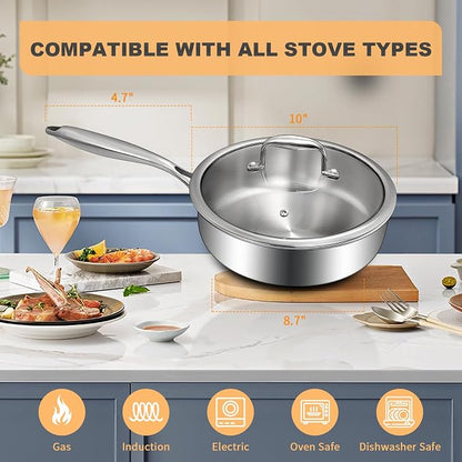 EWFEN Tri-Ply Stainless Steel Frying Pan 3QT, 10 Inch Deep Frying Pan - Image 6