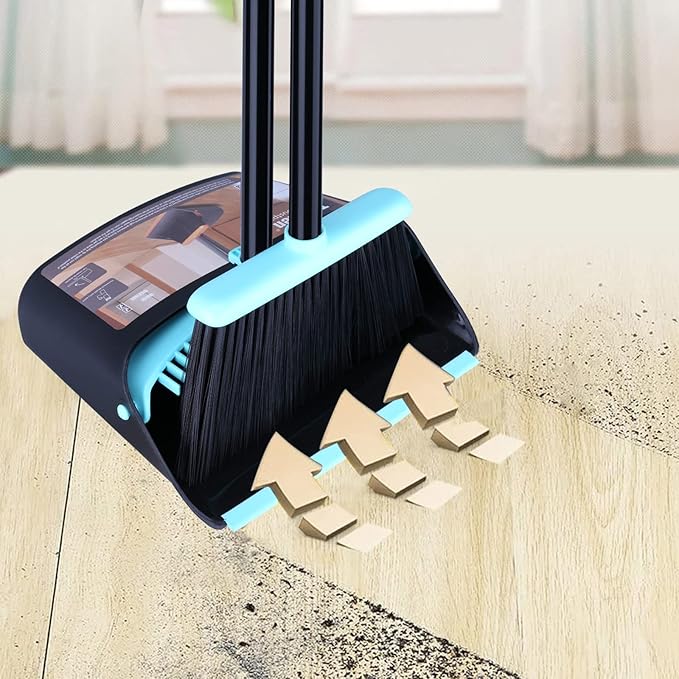 Broom with Dustpan Combo Set,Dust pan with Broom Combo Set,Standing Dustpan and Broom with 54” Long Handle for Indoor Lobby Office Kitchen Sweeping