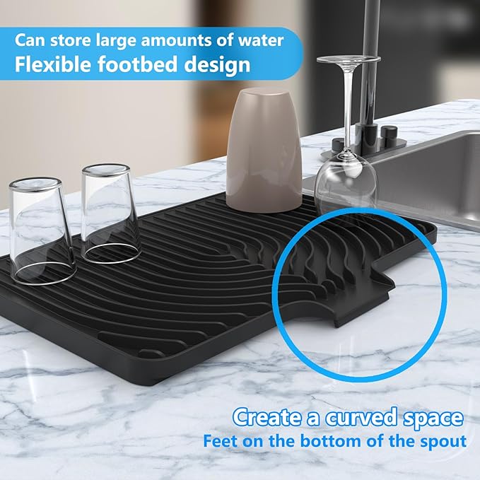 Kitchen Drying Mat for sink with a bulged edge,18"×12"Silicone Dish Drying Mat with built-in Drain Spout, Rubber Dish Mat for Kitchen (18"×12"black)