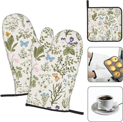 Vintage Floral Oven Mitts and Pot Holders Sets of 3 Cute Botanic Hot Pads Herbs - Image 3