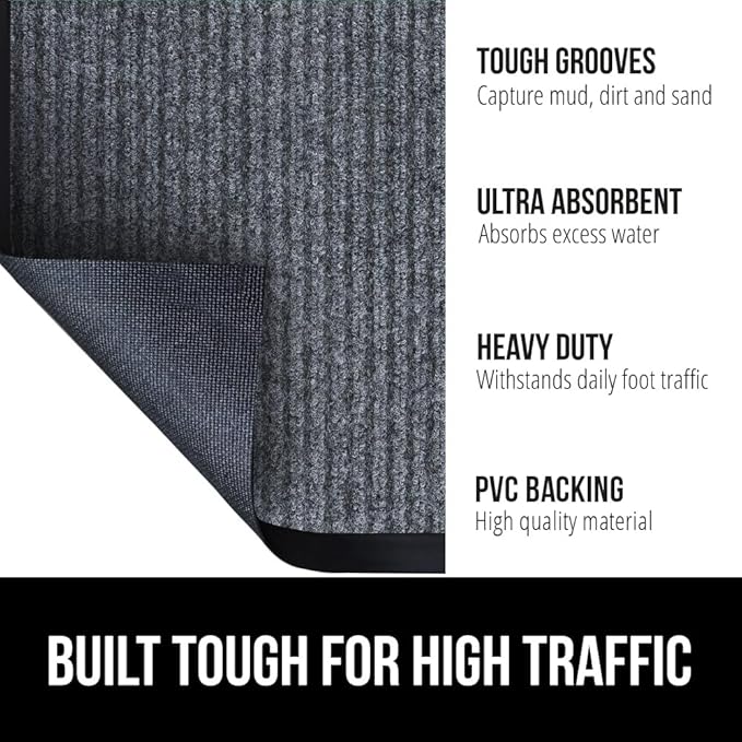 GORILLA GRIP Traffic Guard Door Mat, 2 Pack, Heavy Duty Waterproof Doormat, Commercial Office Space Welcome Mats, Stain and Fade Resistant, Low Profile, Strong Rubber Backing, 29x17, Gray