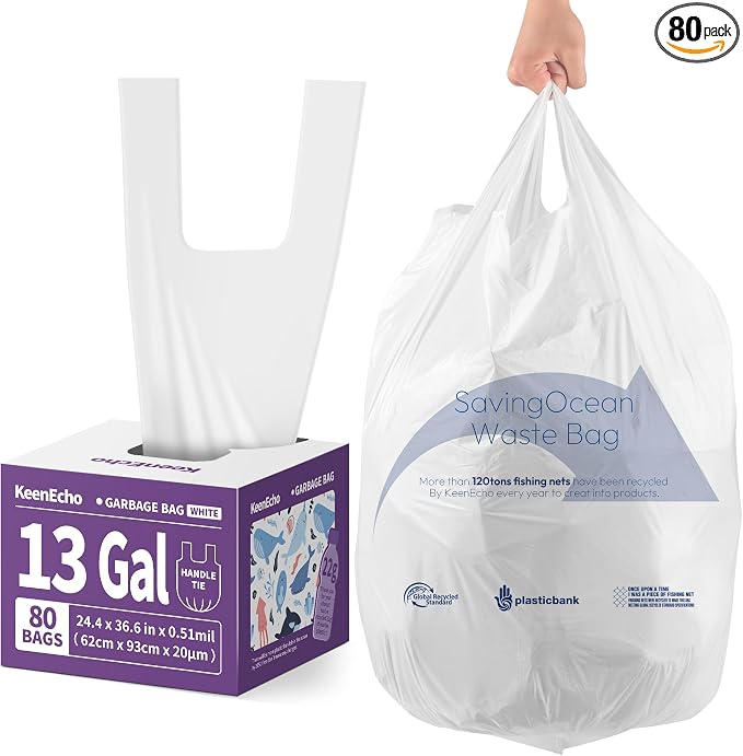 Small Trash Bags with Handles 13 Gallon 80 Count White by KeenEcho