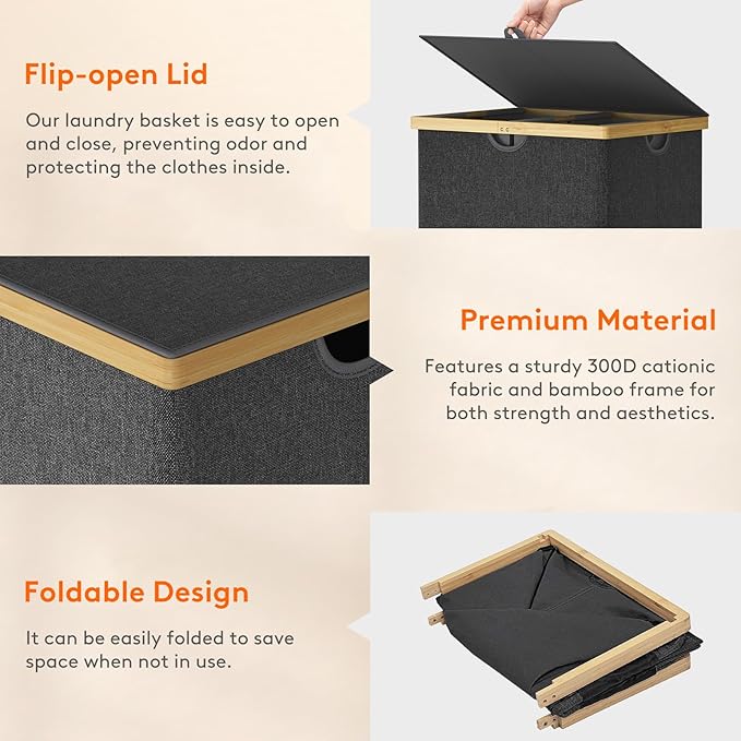 Lifewit 120L Double Laundry Hamper with Lid, Extra Large Bamboo Laundry Basket Dirty Clothes Hamper, 2 Section Laundry Bin Organizer for Laundry Room Bedroom with 2 Removable Liners & Bags, Dark Gray