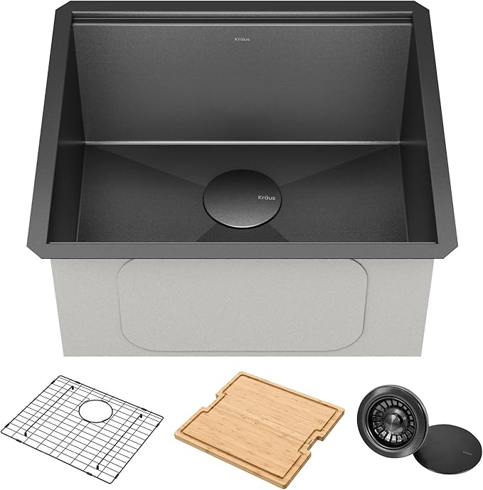 KRAUS Kore 21 Inch Undermount Workstation 16 Gauge Stainless Steel Single Bowl Kitchen Sink n PVD Gunmetal Finish with Accessories, KWU1101-21-PGM