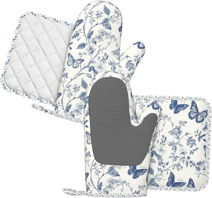 Oven Mitts and Pot Holders Butterfly Flower Vintage Blue Silicone Kitchen - Image 2