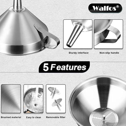 Stainless Steel Funnel, Walfos 4 Pack(4in、3 in、2.2 in、1.7in Kitchen Funnel - Image 6