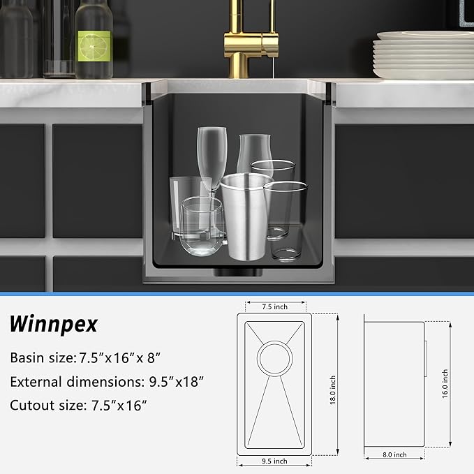 10 inch Bar Sink Undermount, 10x18 inch Small Bar Sink Gunmetal Black Undermount Small Kitchen Sinks 18 Gauge Single Bowl Wet Bar Sinks with Basket Strainer Drain