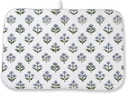 Vintage Blue Sage Green Floral Dish Drying Mat 18 x 24 Inch Block Print Floral by Sorktse