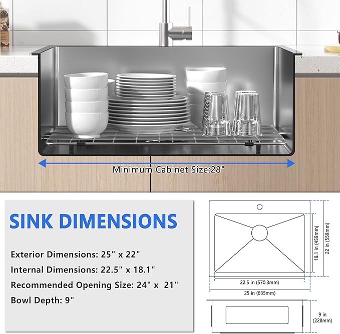 25x22 Inch Drop In Kitchen Sink, 25 Inch Kitchen Sink Top Mount 18 Gauge 304 Stainless Steel Single Bowl KitchenSink With Grid Handmade Topmount KitchenSink Drop In