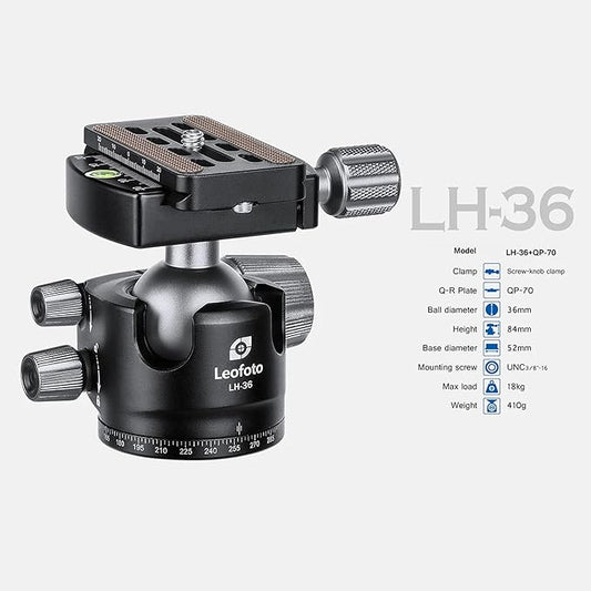 Leofoto Professional Camera Tripod, 50" Compact Carbon Fiber Tripod for DSLR Video Camcorder, 4 Leg Sections, 360° Ball Head, Max Load 8KG/18Lb (LS-254CX+LH-36)