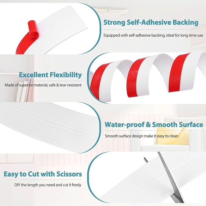 Weather Stripping Door Draft Stopper Flexible Self Adhesive Silicone Door Seal Strip for Glass Doors Windows and Shower Glass Gaps, 2 Inch Wide X 10 Feet Long, White