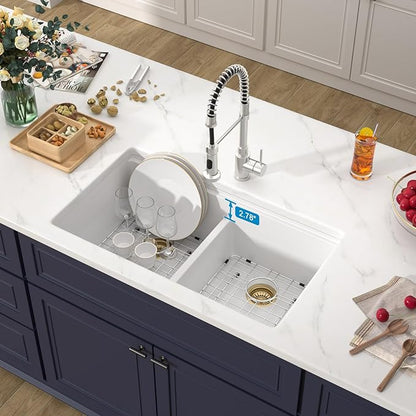 33 Inch Classic White Undermount Granite Composite Kitchen Sink Under Counter Quartz Single Bowl Sink Workstation Sinks with Accessories Quick Drain Noise Reduction Home Renovation Gold Accessories