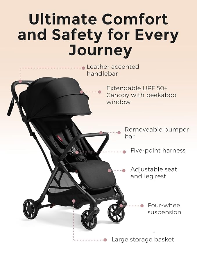 Momcozy ClickGo Lightweight Stroller, Compact Travel Stroller for Airplane with One-Click Fold, Baby Stroller and Toddler Stroller with Large Canopy for Kids from 0 Months, Extendable UPF50+ Canopy
