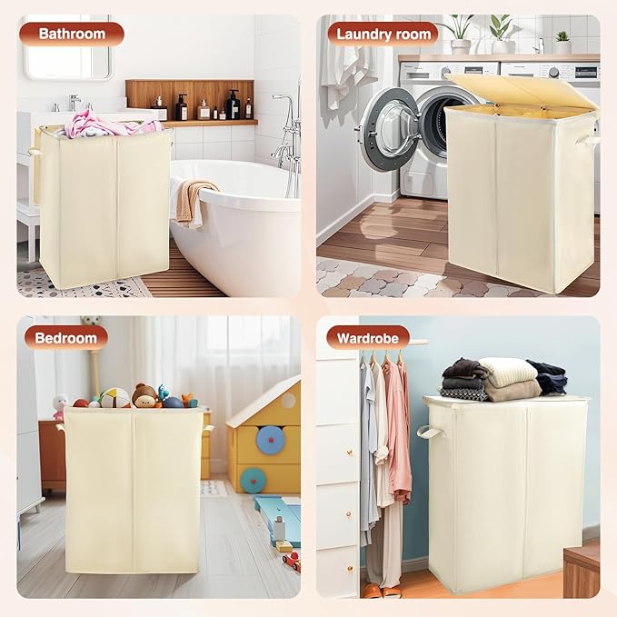 Voova 154L Double Laundry Hamper with Lid and 2 Removable Laundry Bags, Large Collapsible 2 Dividers Dirty Clothes Basket with Handles for Laundry Room, Bedroom, Bathroom, College Dorm, Beige