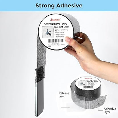 Black Window Screen Repair Tape, 3IN X 25FT Screen Repair Kit - Image 2