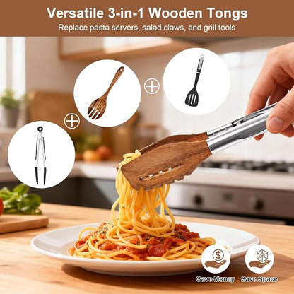 2 Pack 3-in-1 Wooden Tongs for Cooking Natural Walnut Wood kitchen Tongs - Image 2