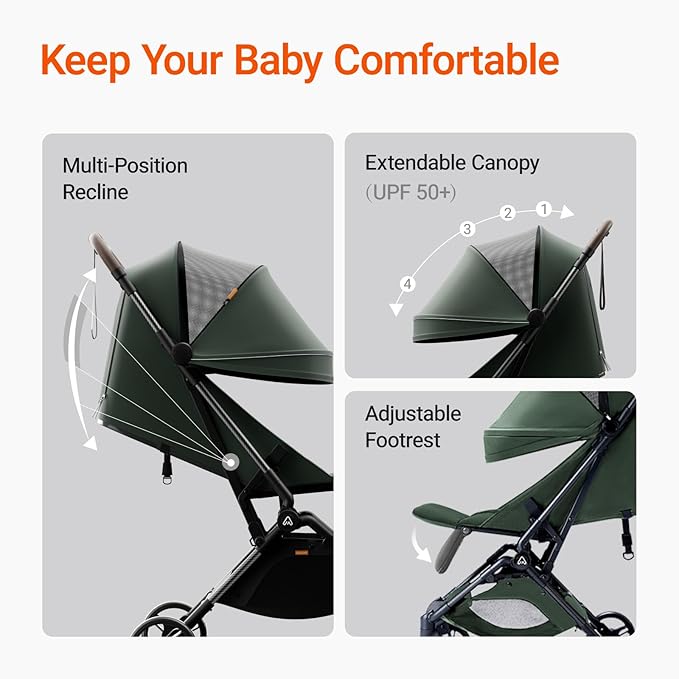 Lightweight Baby Travel Stroller with Carbon Fiber Frame, Compact & Airplane-Friendly, One-Handed Folding Design, 11.6 lbs, Perfect for Toddlers, Green