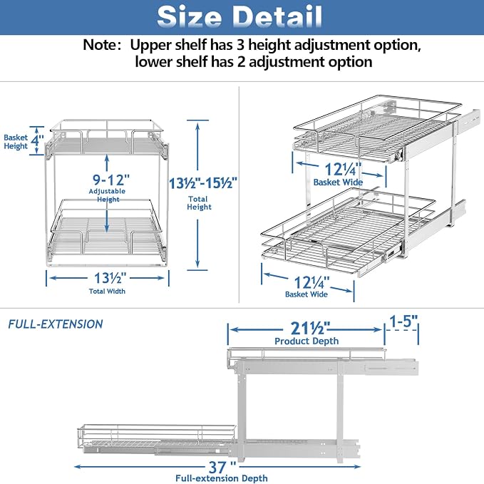 2 Tier Individual Pull Out Cabinet Organizer 13½" W x 21½" D, Heavy Duty - Image 3