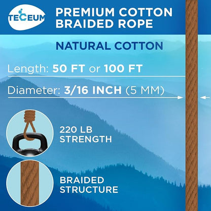 TECEUM Cotton Rope 3/16” – 50 FT – Strong All-Purpose Braided Rope – Natural - Image 2