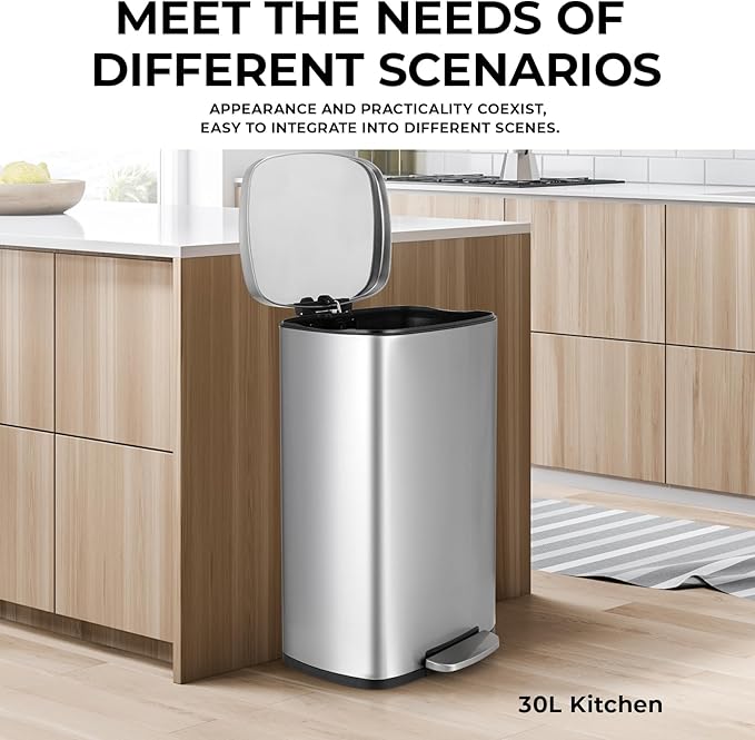 13.2 Gal Kitchen Trash Can, 50L Recycling or Garbage Bin, Brushed Stainless Steel Waste Basket, Soft&Quiet Close Dustbin, with Step-On Pedal, Removable Inner Bucket, for Home, Office, LIving Room