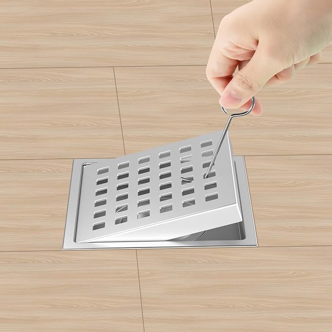 6 Inch Square Shower Drain Chrome, Bathroom Floor Drain, Stainless Steel Drain - Image 2