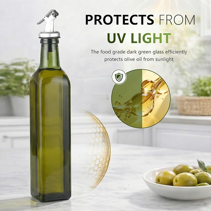 WERTIOO Green Olive Oil Dispenser Bottle, 17oz Glass Oil and Vinegar Dispenser - Image 3