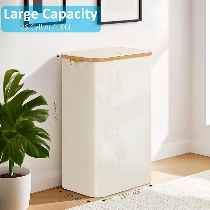efluky Laundry Basket with Lid and Removable Bag, 100L Tall Laundry Hamper with Bamboo Handles, Aesthetic Dirty Clothes Bin for Laundry Room, Bathroom, Bedroom and Dorm, Beige