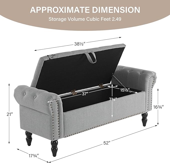 Furnimart Storage Ottoman Bench for Queen Size Bed, Faux Linen Upholstered Storage Bench Accent Bench with Rolled Arms for Bedroom,Living Room, Entryway, 2.5Cubic Feet