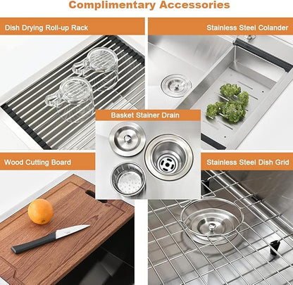 33x22 Drop In Kitchen Sink Workstation-Bokaiya Stainless Steel Kitchen Sink 33x22 Top Mount Drop In Workstation 16 Gauge 10" Handmade Deep Single Bowl Kitchen Sinks with Cutting Board