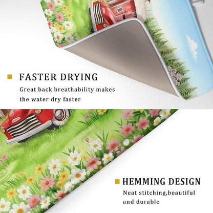 Spring Dish Drying Mat for Kitchen Counter Red Truck Flowers Microfiber - Image 3