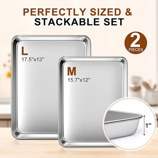 Baking Sheet Set of 2, Commercial Grade Stainless Steel Cookie Sheets - Image 2