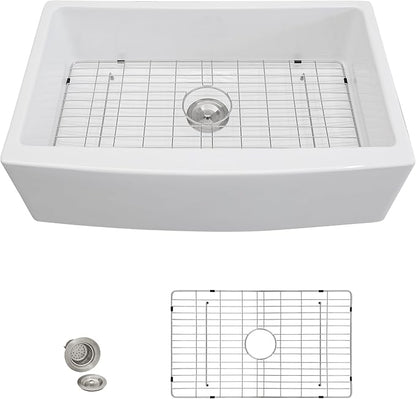 33 White Farm Sink - Fulorni 33"x21" Farmhouse Kitchen Sink Curved Apron Front Ceramic Porcelain Fireclay Single Bowl Farmer Style Basin